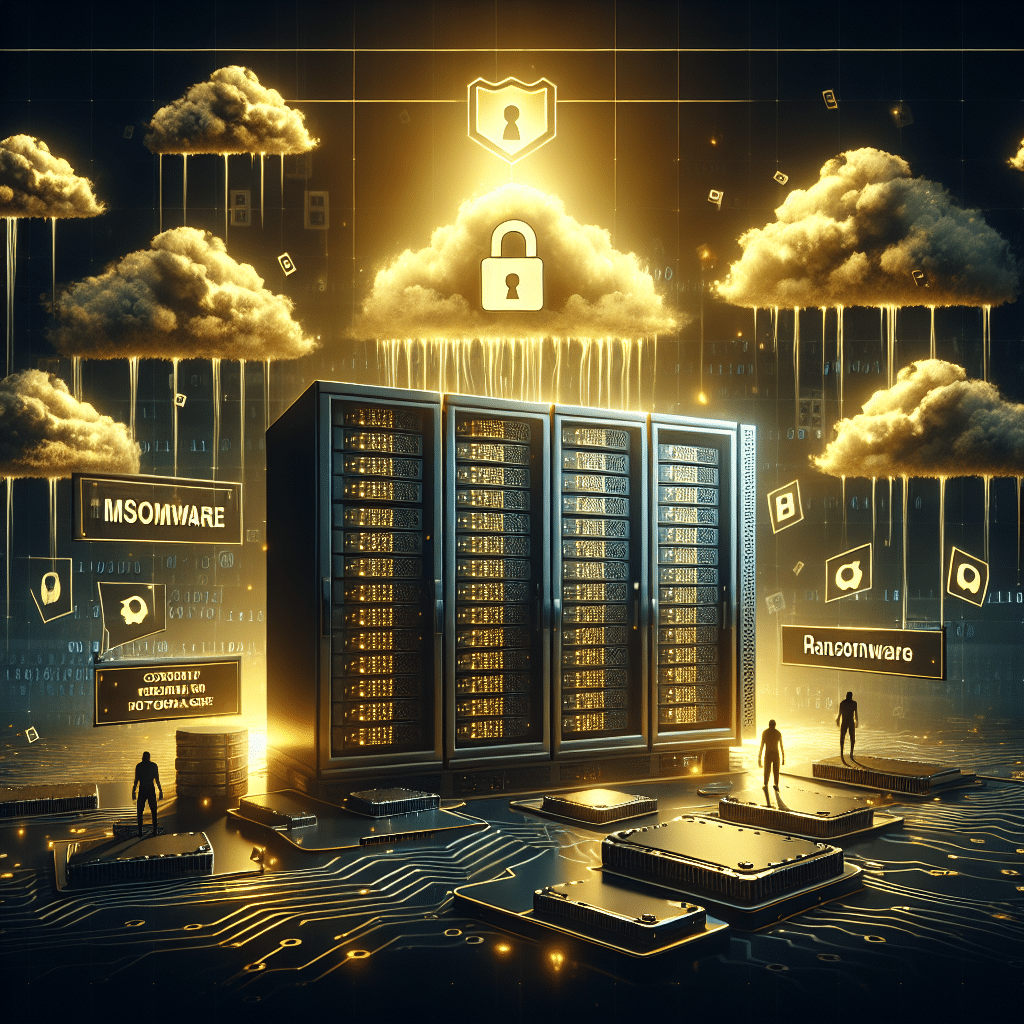 Digital illustration depicting cloud computing and server protection against ransomware threats.